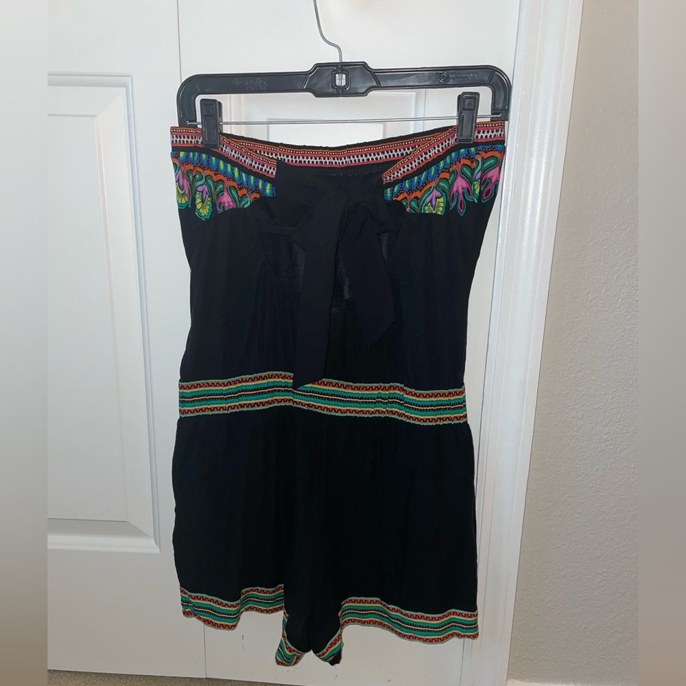 Trina Turk Black Strapless Embroidered Romper with Multicolor Trim - Picture 2 of 3